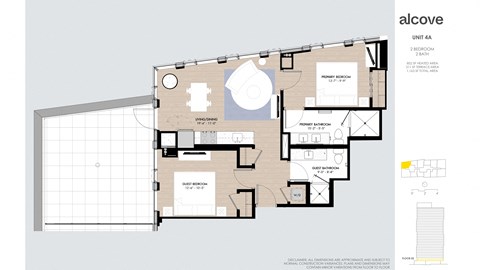 Floor plan for 1 bed, 2 baths, 852 sqft